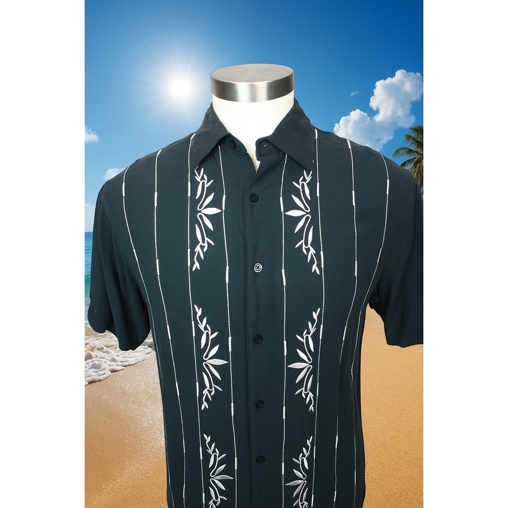 BOBBY CHAN Men's Hawaiian Shirt Black With White Embroidery Silk Bamboo Fabric M
